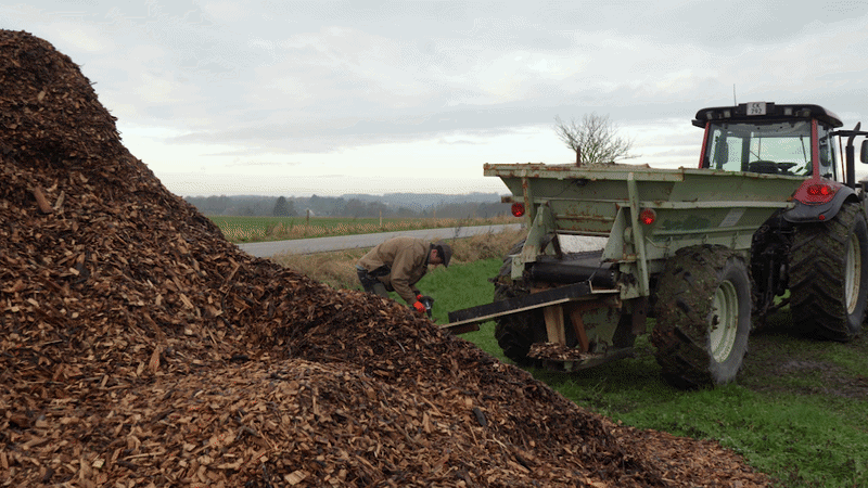 Landmand udlægger træflis med en traktor og gødningsspreder i en mark for at skabe mulching, som beskytter jorden og øger kulstofindholdet.