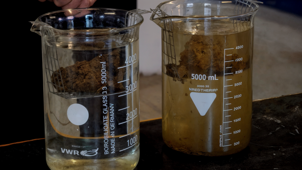 Soil samples placed in water in laboratory glass beakers showing differences in soil structure and stability