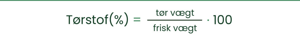 Hvordan beregner man tørstof i planter? Matematisk formel der viser, hvordan tørstofprocent beregnes ud fra tør vægt og frisk vægt.