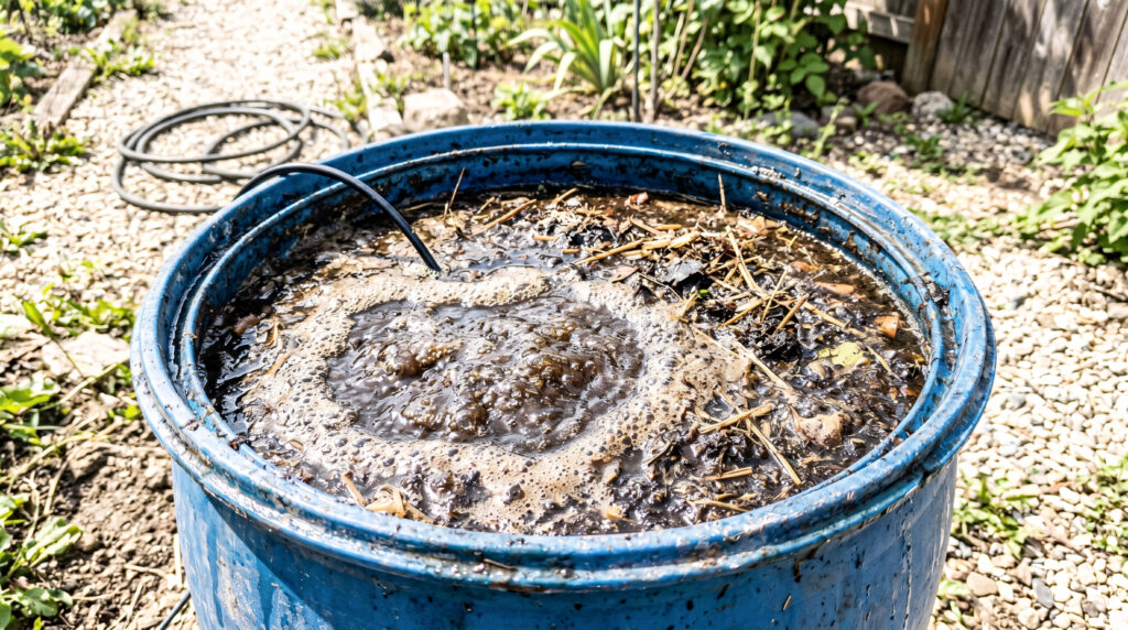 Biologisk gødning og mikroorganismer Beholder med flydende organisk materiale og planterester under nedbrydning.